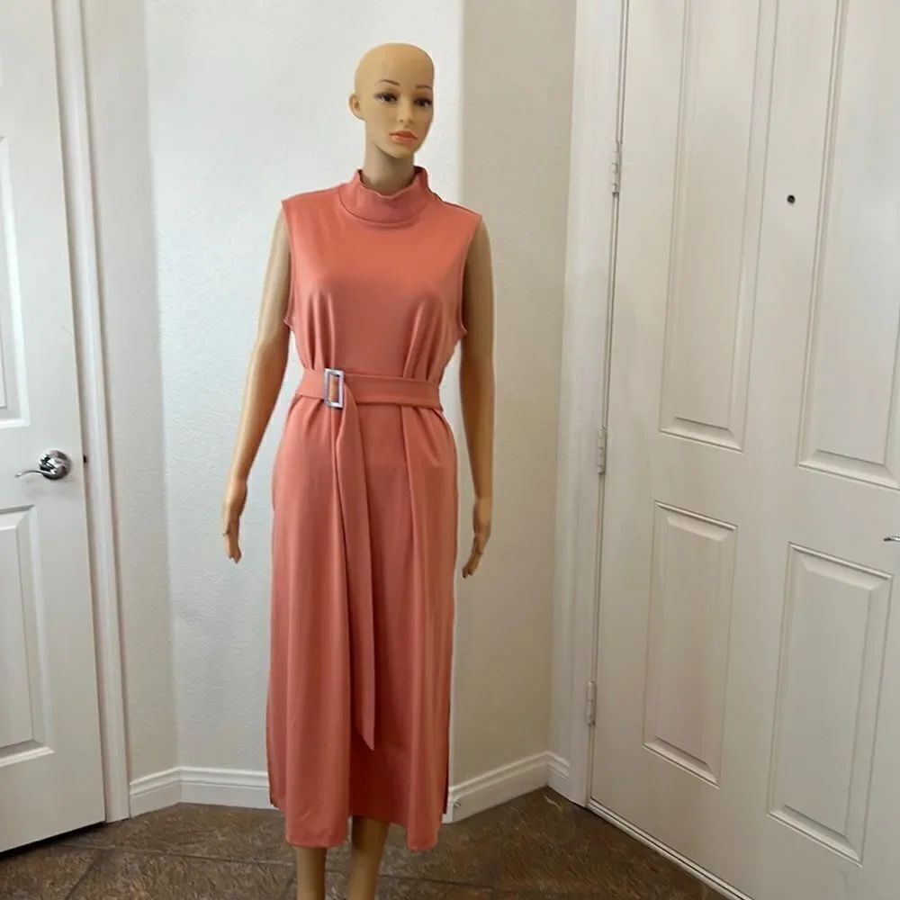 Prologue Sz XL Dress Coral Tangerine Orange Turtleneck Belted Midi Silver Buckle